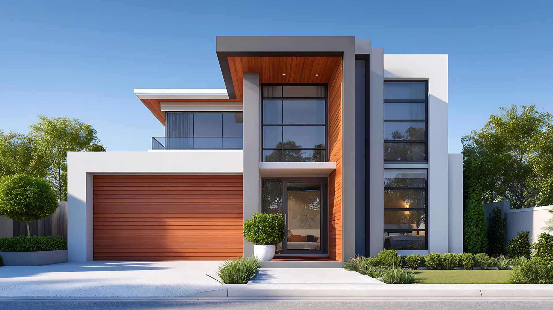 #1648428734 - Modern House Exterior with Contemporary Design and Wood Accents on Clear Day: © HPMP Studio / stock.adobe.com