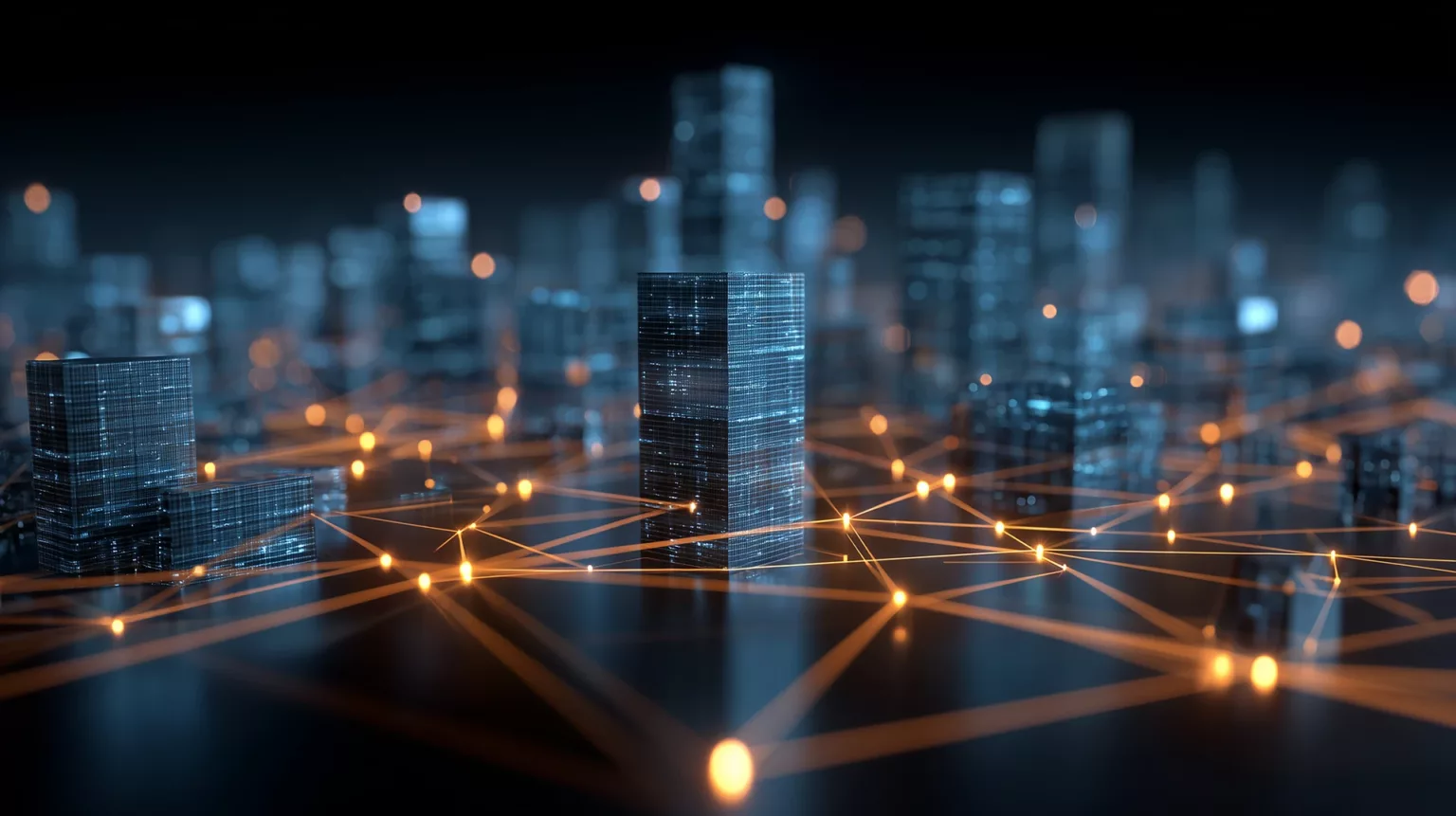 #1644278446 – Metropolitan Data Fabric Linking Every Service Golden connections bind city towers, representing coordination, analytics, and always on smart infrastructure for citizens and businesses: © Rosi / stock.adobe.com