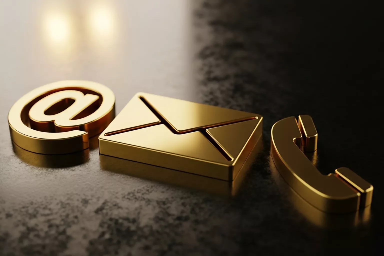 #1687773657 – Contact us today with golden email, phone, and at symbol icons for modern business communication: © abdelaziz@771 / stock.adobe.com