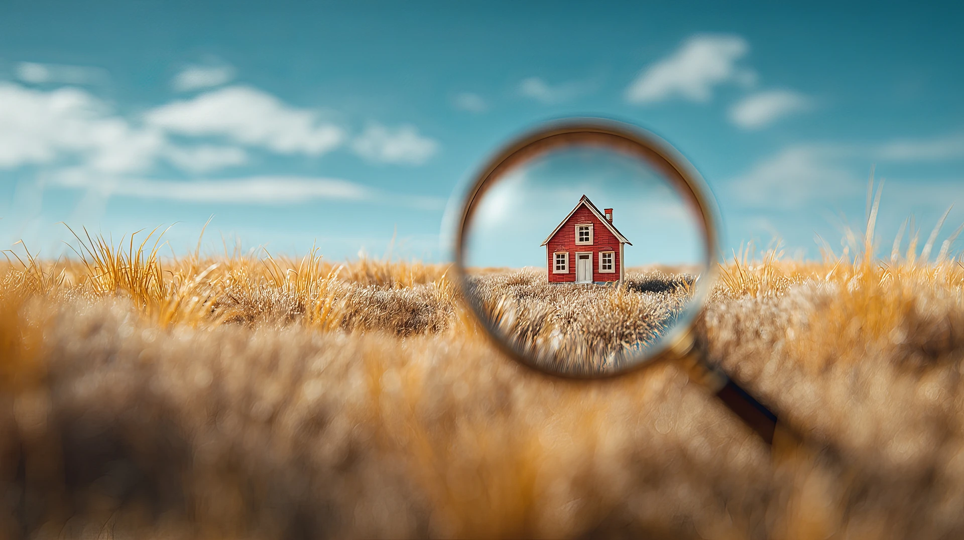 #1768747645 – Discover your dream home with a magnifying glass, searching through golden fields under a bright blue sky: © Harry / stock.adobe.com