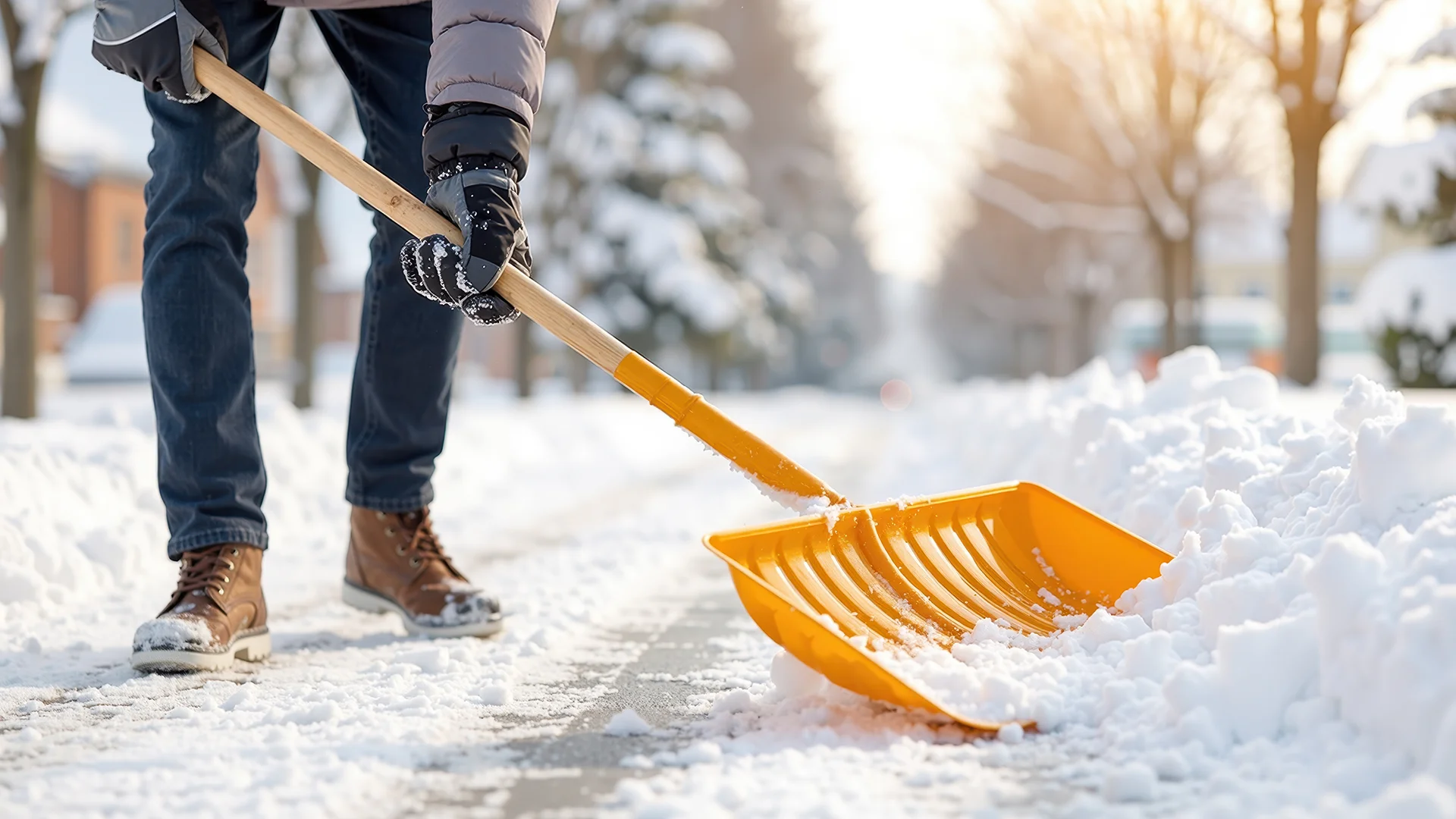 #1814585905 – close up of someone pushing a yellow snow shovel to clear a snowy sidewalk during a cold bright winter morning: © LifeGen / stock.adobe.com
