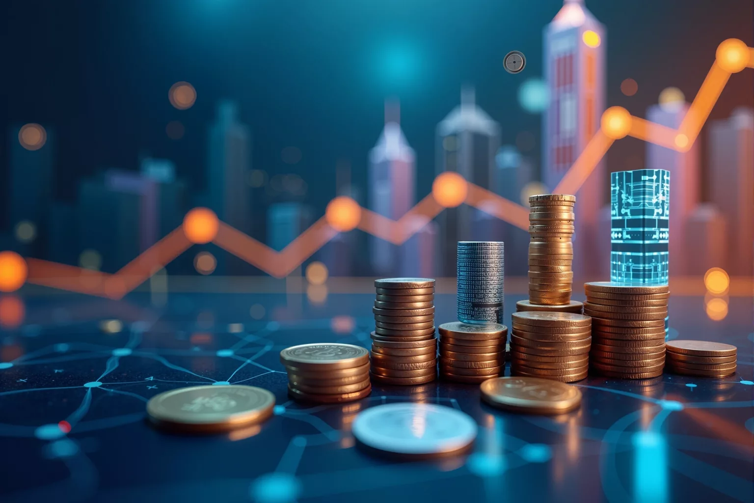 #1829220238 – abstract business background with buildings and coins. business and finance. Generative AI. High quality: © zhao / stock.adobe.com