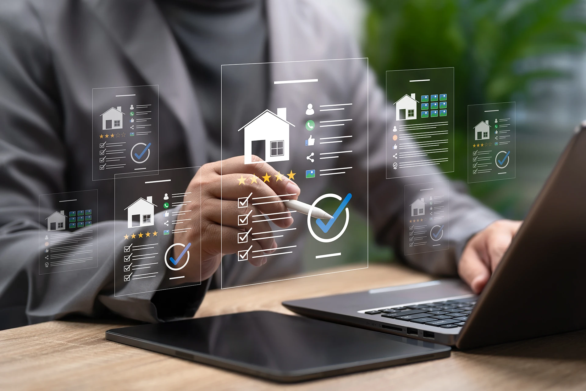 #1797339150 – Real Estate Review and Rating Concept, Businessman Evaluating Property Investment, Online Housing Score, Transparent Real Estate Transactions, Profit Opportunities and Secure Property Ownership: © NongAsimo / stock.adobe.com